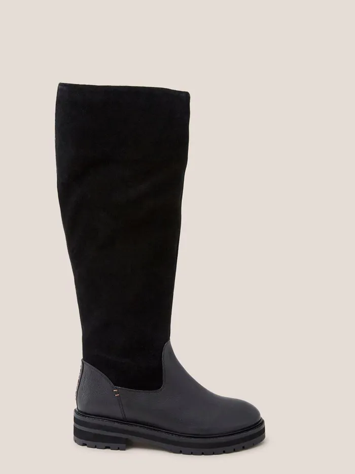 Women BOOTS White Stuff Enya Leather Fur Knee Boot Pure Black Women BOOTS White Stuff Enya Leather Fur Knee Boot Pure Black