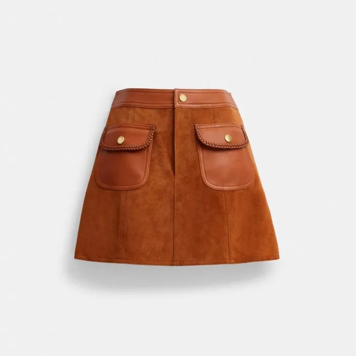 Women Braided Suede Mini Skirt Burnished Amber Coach Bottoms
