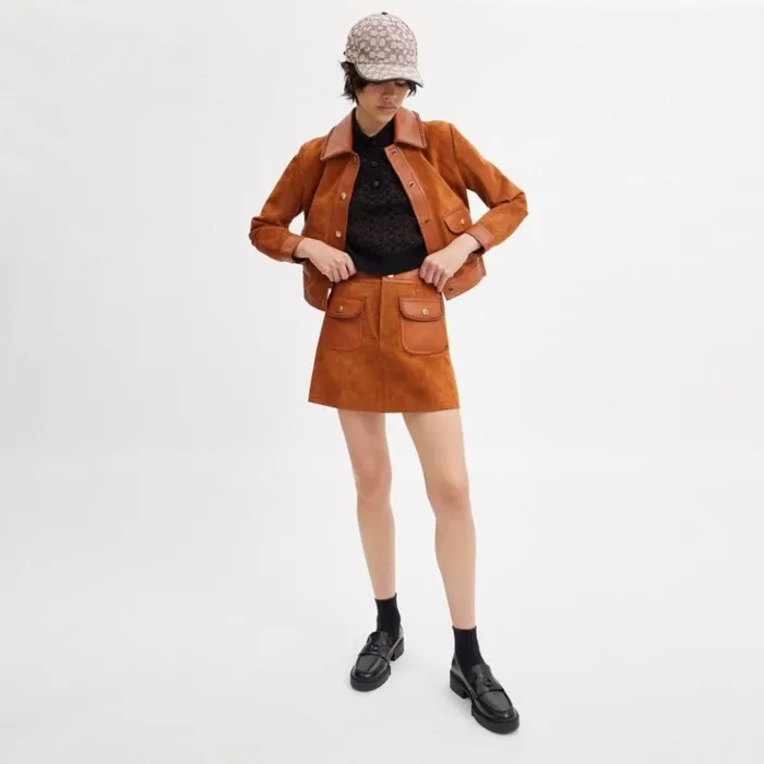 Women Braided Suede Mini Skirt Burnished Amber Coach Bottoms