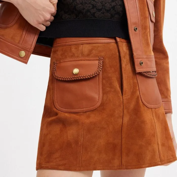 Women Braided Suede Mini Skirt Burnished Amber Coach Bottoms