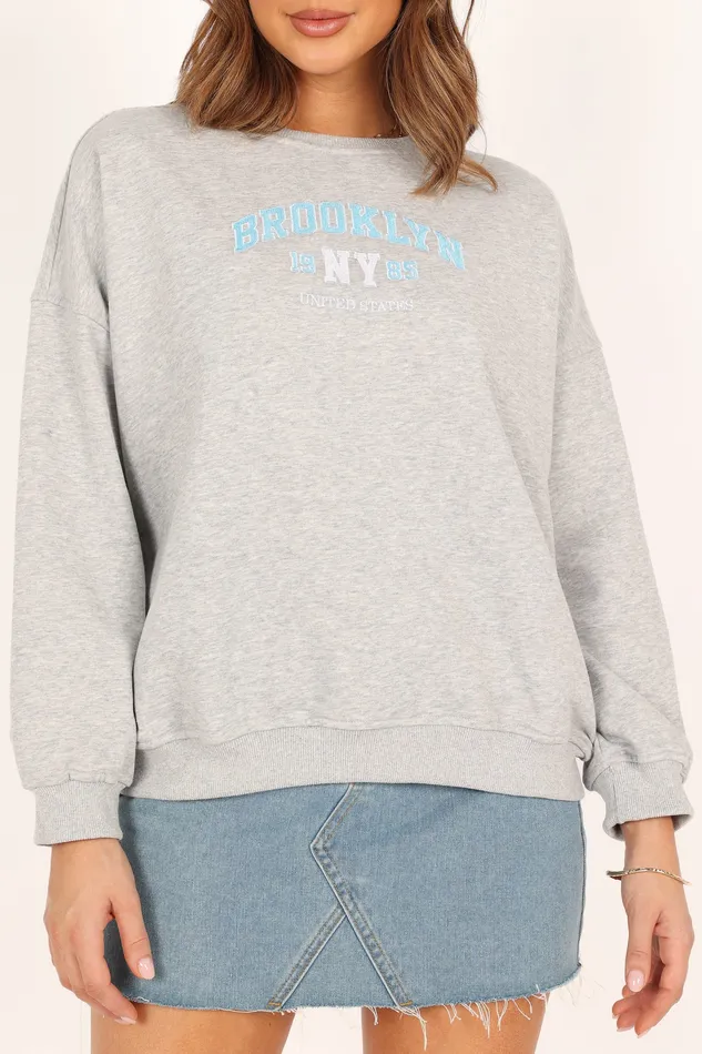 Women Brooklyn NY Embroidered Sweatshirt 8211 Heather Grey Heather Grey Loungewear petalandpup