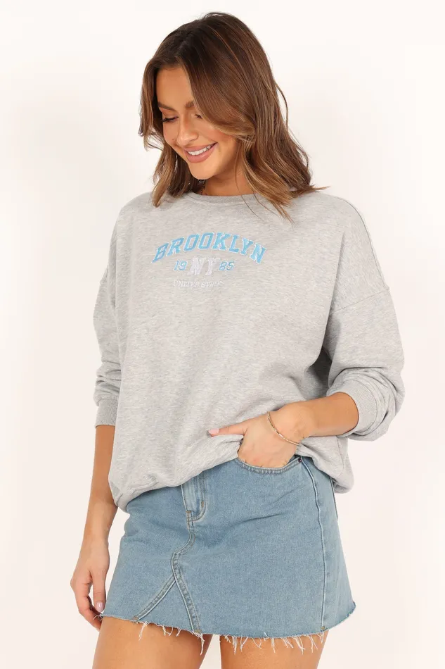 Women Brooklyn NY Embroidered Sweatshirt 8211 Heather Grey Heather Grey Loungewear petalandpup