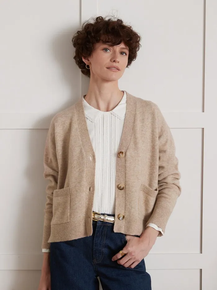 Women Clothing Cyrillus Button Cardigan With VNeckline Beige Chine