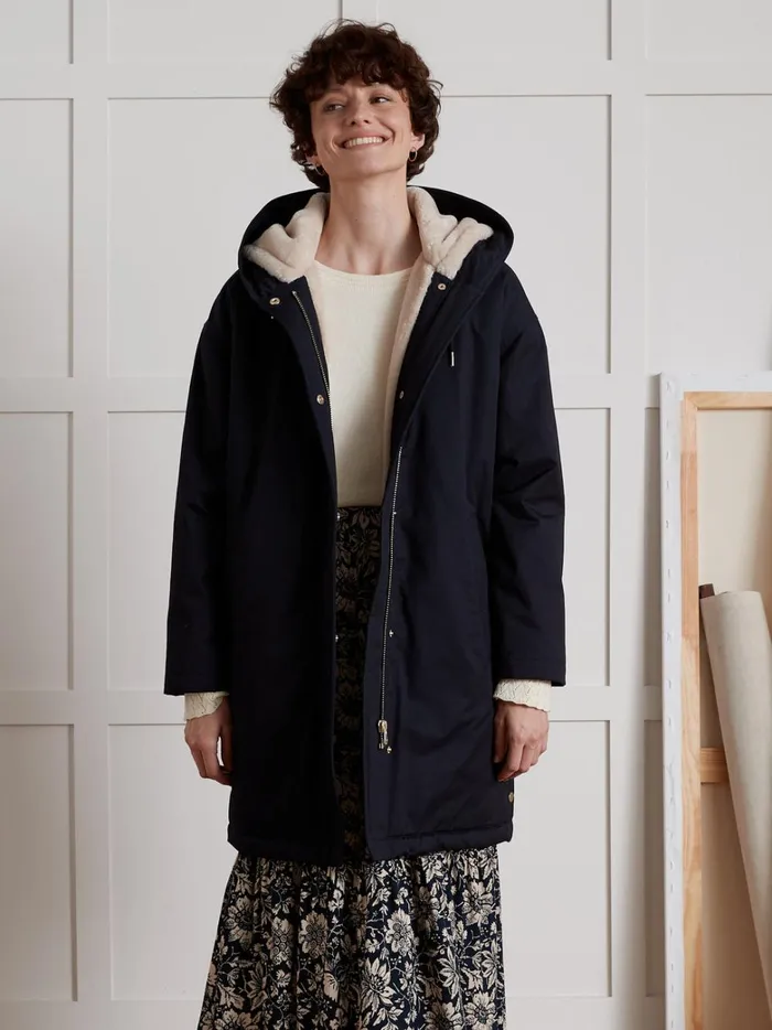 Women Clothing Cyrillus FauxFur Lined Long Parka Encre