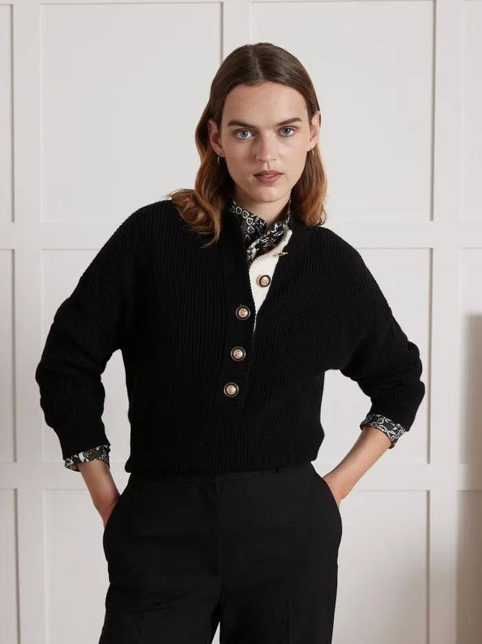 Women Clothing Cyrillus High Neck Button Sweater Noir