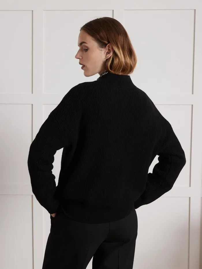 Women Clothing Cyrillus High Neck Button Sweater Noir