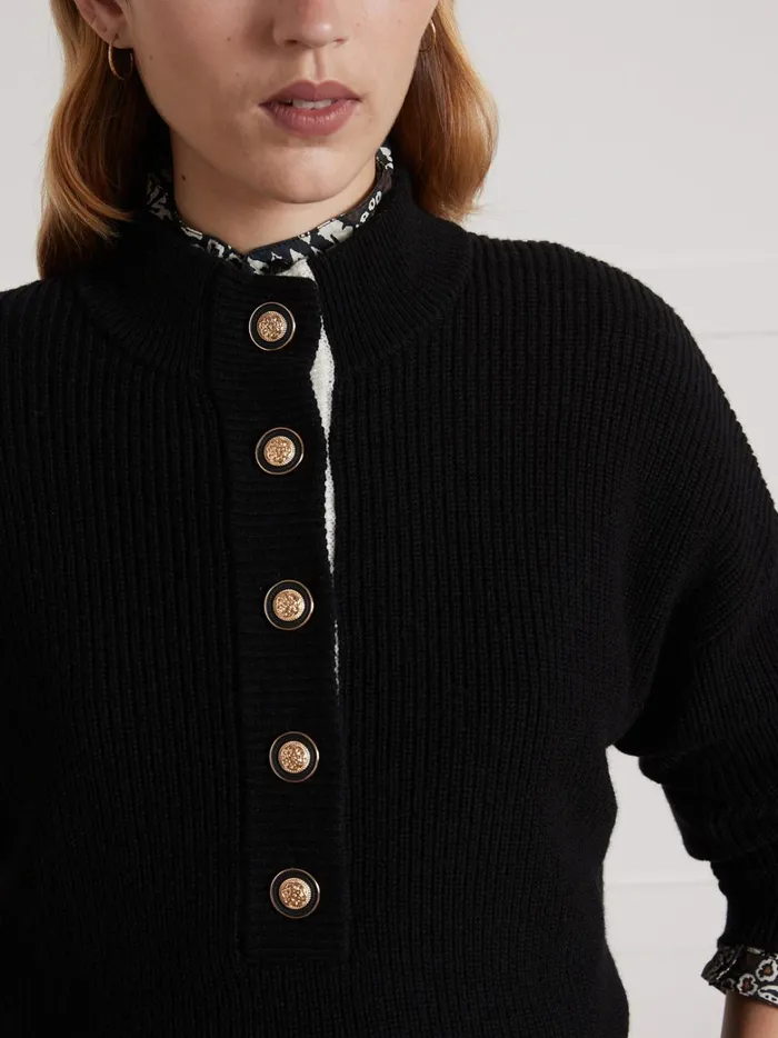 Women Clothing Cyrillus High Neck Button Sweater Noir