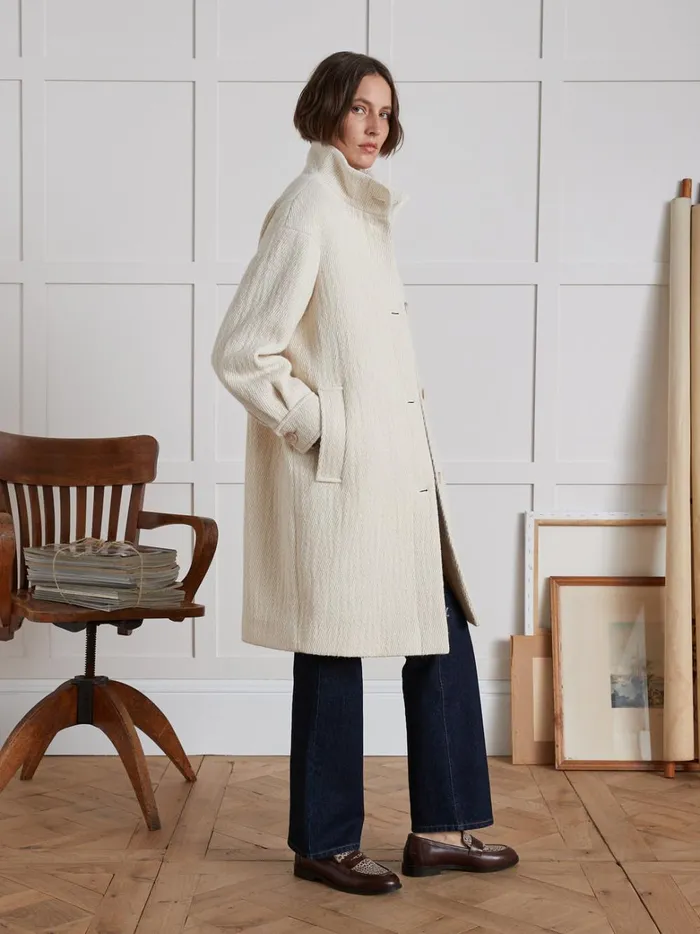 Women Clothing Cyrillus Long Textured Fabric Coat Craie