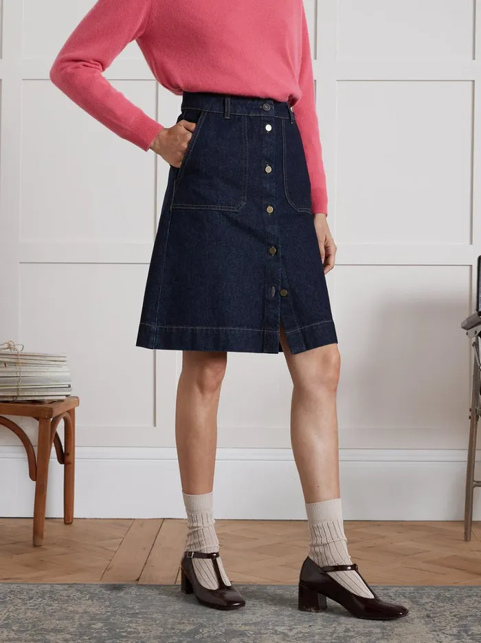 Women Clothing Cyrillus Organic Cotton Button Jeans Skirt Denim Brut