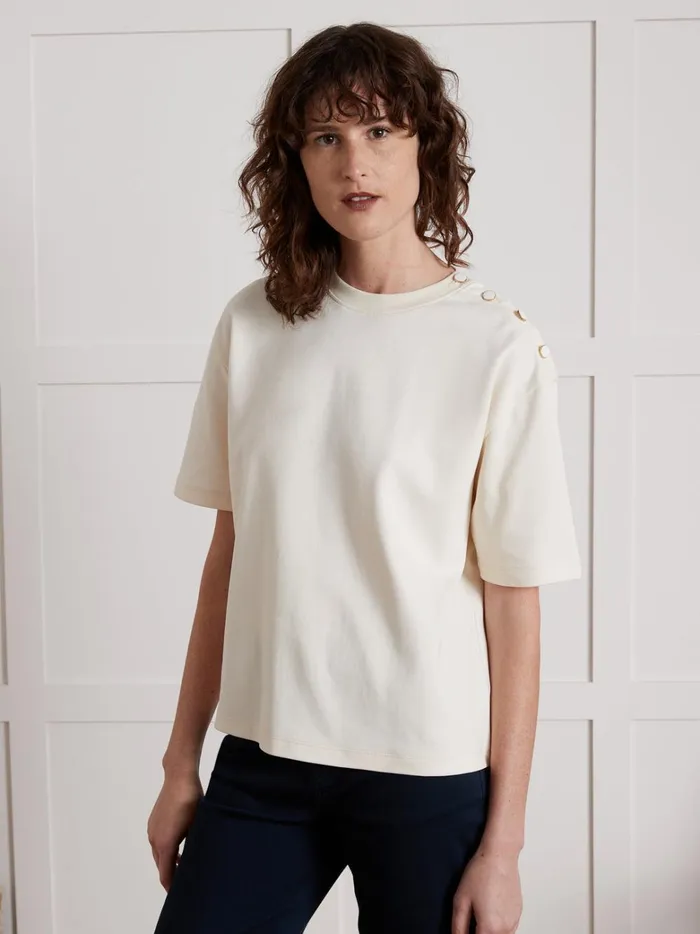 Women Clothing Cyrillus Organic Cotton TShirt With Round Button Neckline Craie