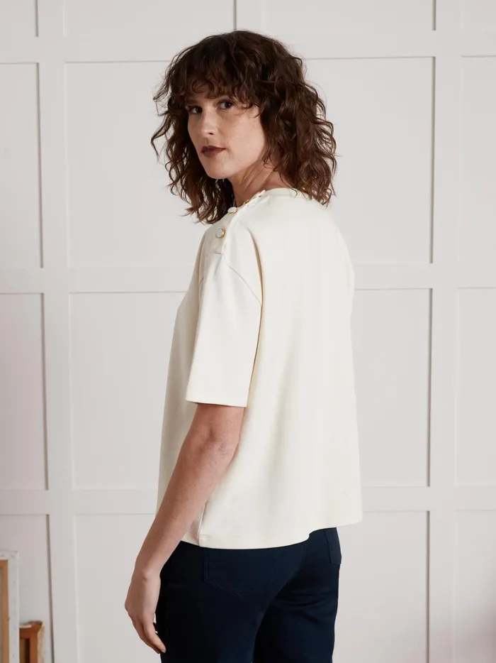 Women Clothing Cyrillus Organic Cotton TShirt With Round Button Neckline Craie