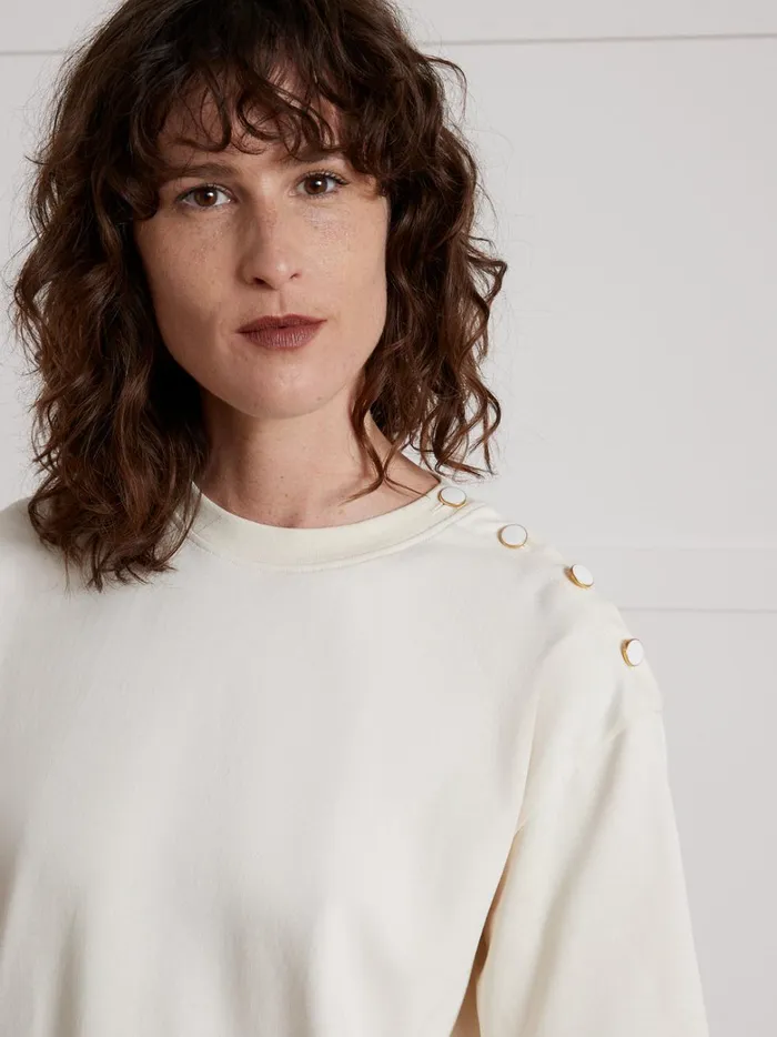 Women Clothing Cyrillus Organic Cotton TShirt With Round Button Neckline Craie