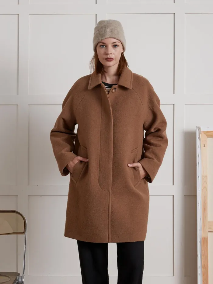 Women Clothing Cyrillus Oval Shaped Woolen Coat With Raglan Sleeves Camel