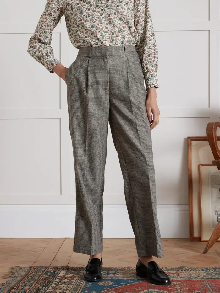 Women Clothing Cyrillus Pauline Houndstooth Carrot Trousers Mini Carreaux Beige