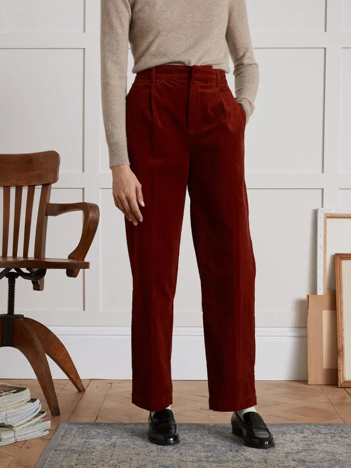 Women Clothing Cyrillus Pauline Pleated Corduroy Trousers Rhubarbe
