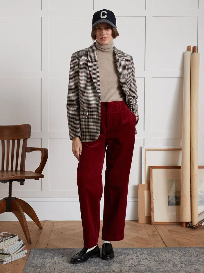 Women Clothing Cyrillus Pauline Pleated Corduroy Trousers Rhubarbe