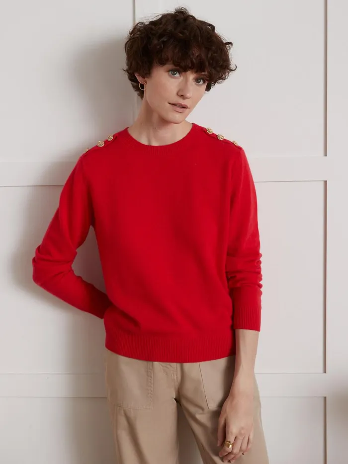 Women Clothing Cyrillus Round Neck Sweater With Golden Buttons 8211 The Cashmere Collection Rouge