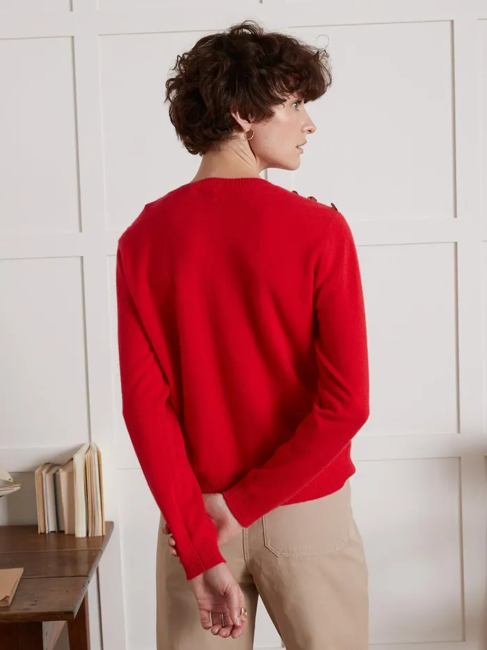 Women Clothing Cyrillus Round Neck Sweater With Golden Buttons 8211 The Cashmere Collection Rouge