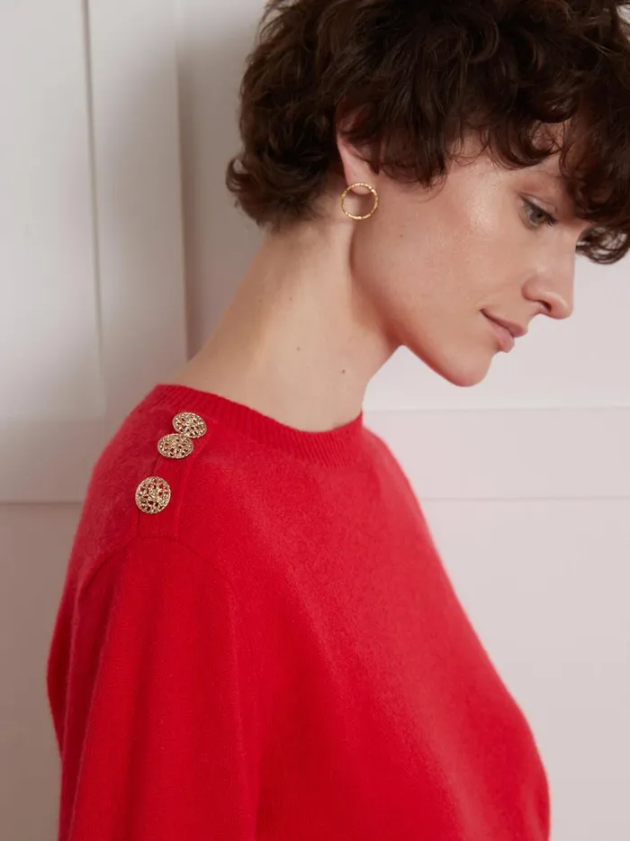 Women Clothing Cyrillus Round Neck Sweater With Golden Buttons 8211 The Cashmere Collection Rouge