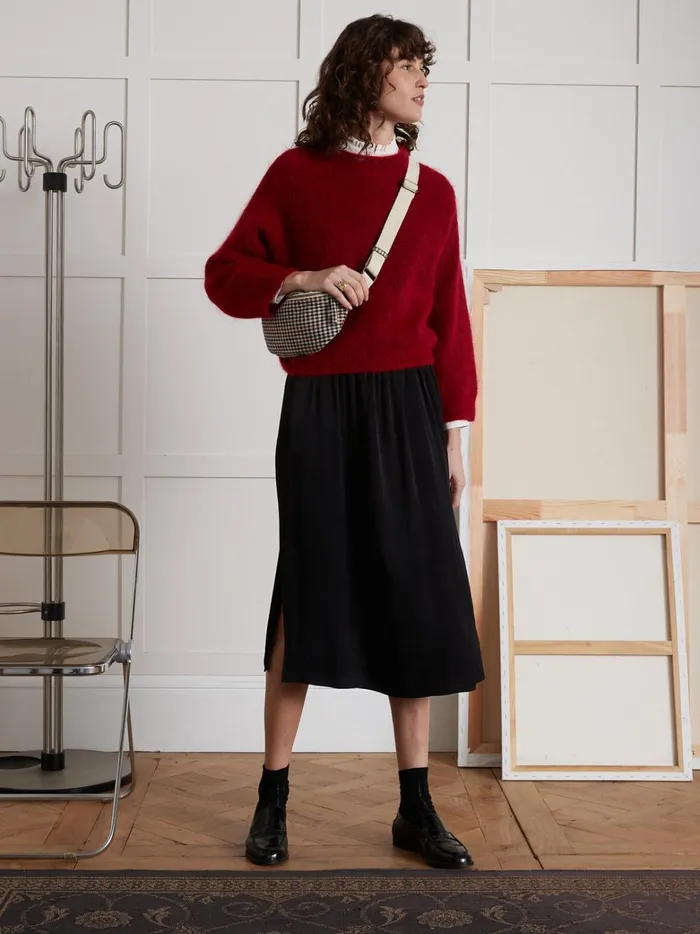 Women Clothing Cyrillus Satiny Crepe MidLength Skirt With Slit Noir
