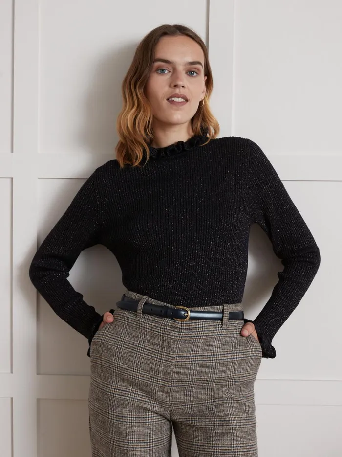 Women Clothing Cyrillus Shimmery Ribbed Sweater With Ruffled Neckline Navy Noir