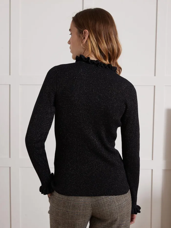 Women Clothing Cyrillus Shimmery Ribbed Sweater With Ruffled Neckline Navy Noir