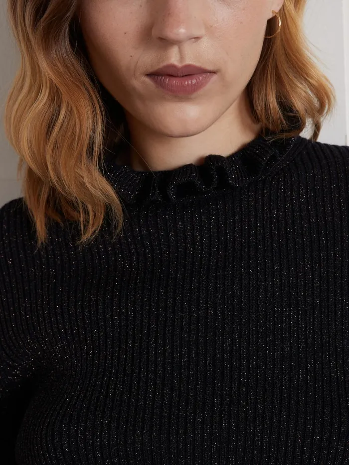 Women Clothing Cyrillus Shimmery Ribbed Sweater With Ruffled Neckline Navy Noir
