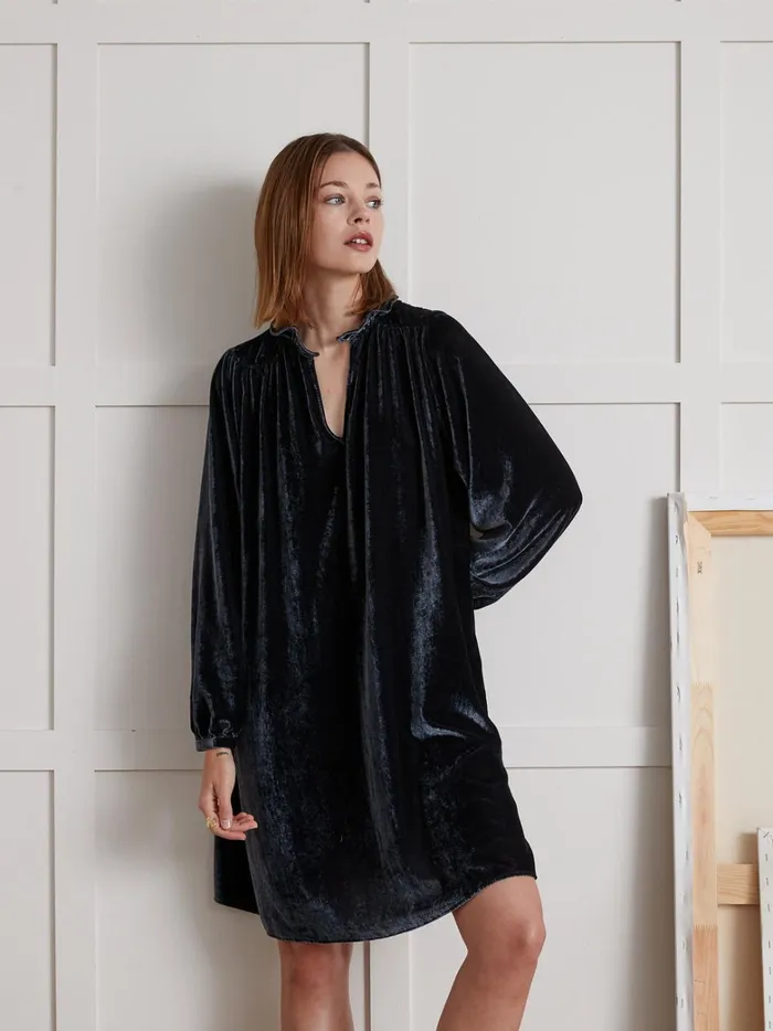 Women Clothing Cyrillus Short Panne Velvet Dress Encre