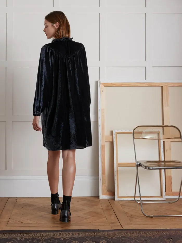 Women Clothing Cyrillus Short Panne Velvet Dress Encre