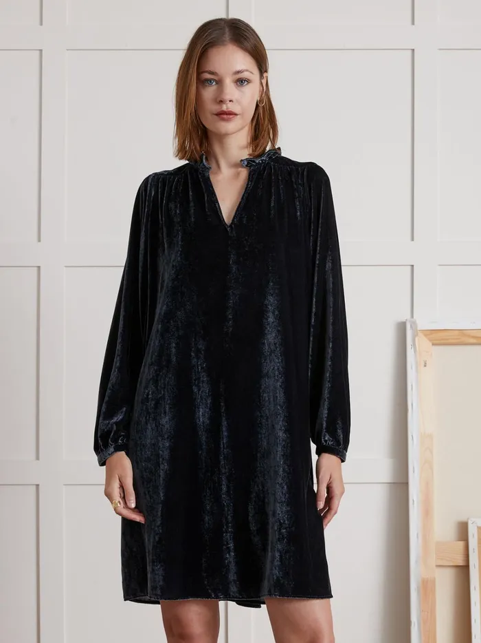 Women Clothing Cyrillus Short Panne Velvet Dress Encre