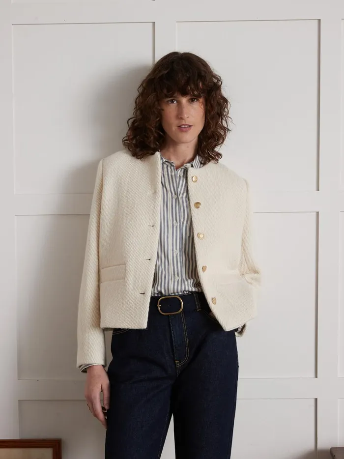 Women Clothing Cyrillus Textured Collarless Jacket Craie