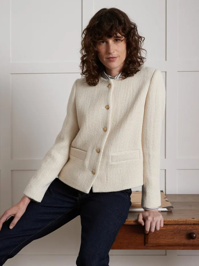 Women Clothing Cyrillus Textured Collarless Jacket Craie