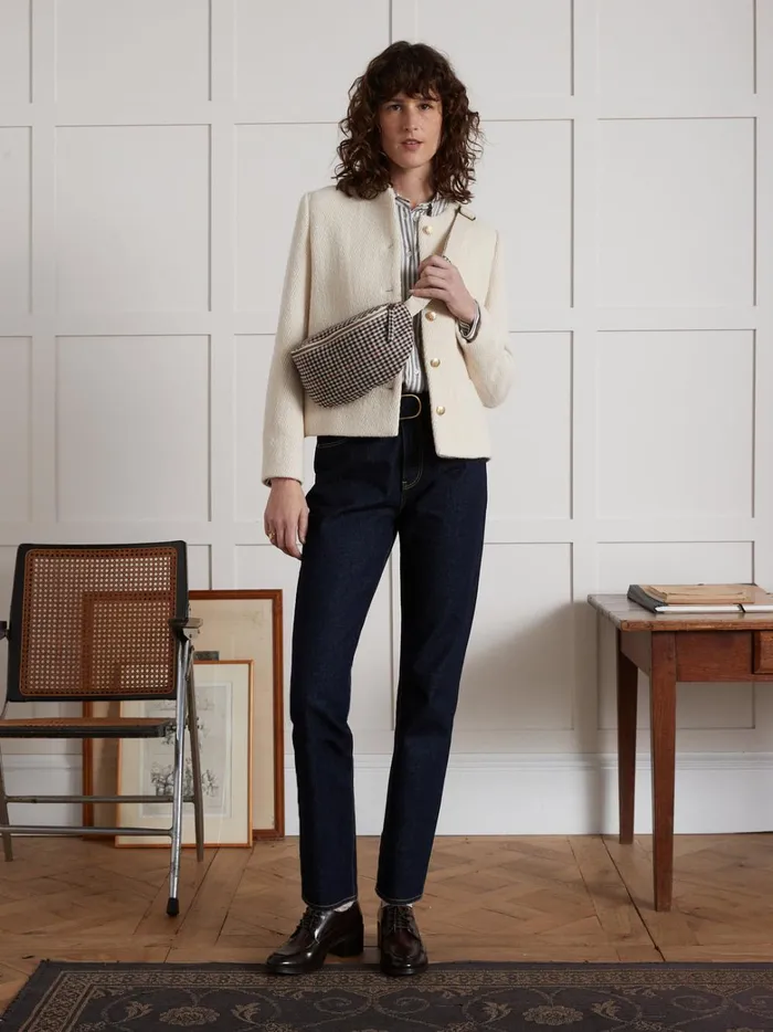 Women Clothing Cyrillus Textured Collarless Jacket Craie