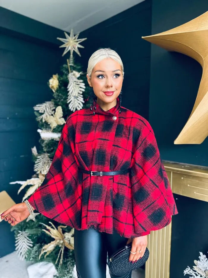 Women Coats and Jackets Canella Lane Enya Check Belted Cape Red