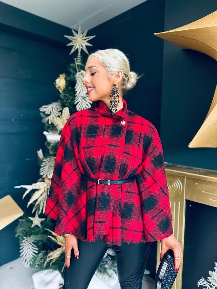 Women Coats and Jackets Canella Lane Enya Check Belted Cape Red