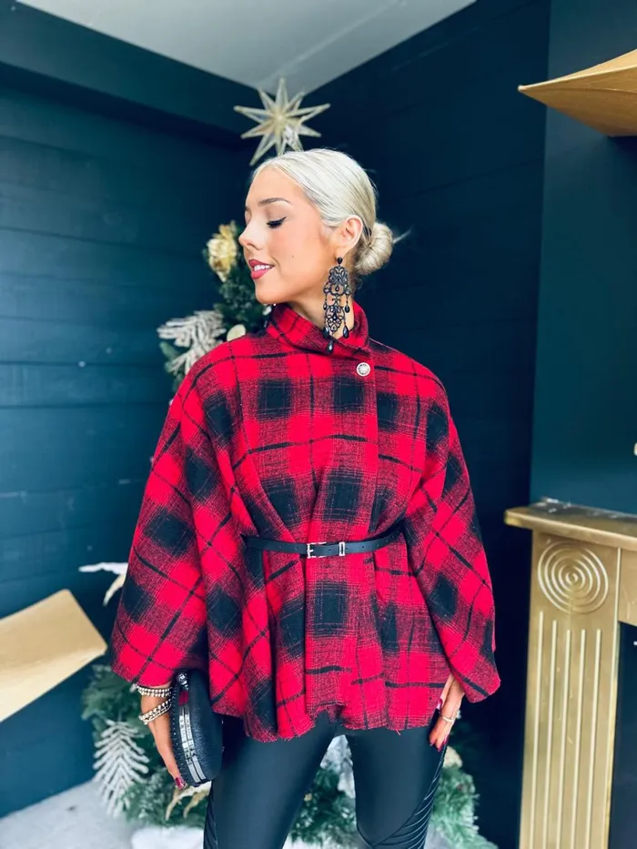 Women Coats and Jackets Canella Lane Enya Check Belted Cape Red