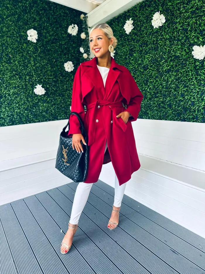 Women Coats and Jackets Canella Lane Patricia Belted Longline Coat Ruby