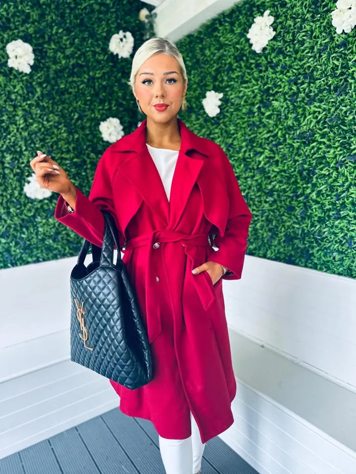 Women Coats and Jackets Canella Lane Patricia Belted Longline Coat Ruby