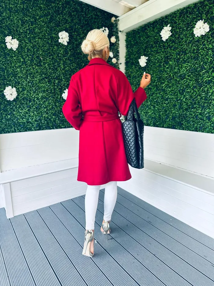 Women Coats and Jackets Canella Lane Patricia Belted Longline Coat Ruby
