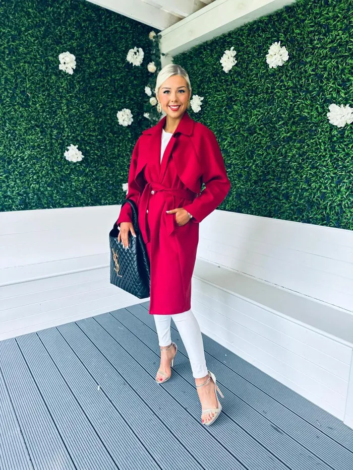 Women Coats and Jackets Canella Lane Patricia Belted Longline Coat Ruby