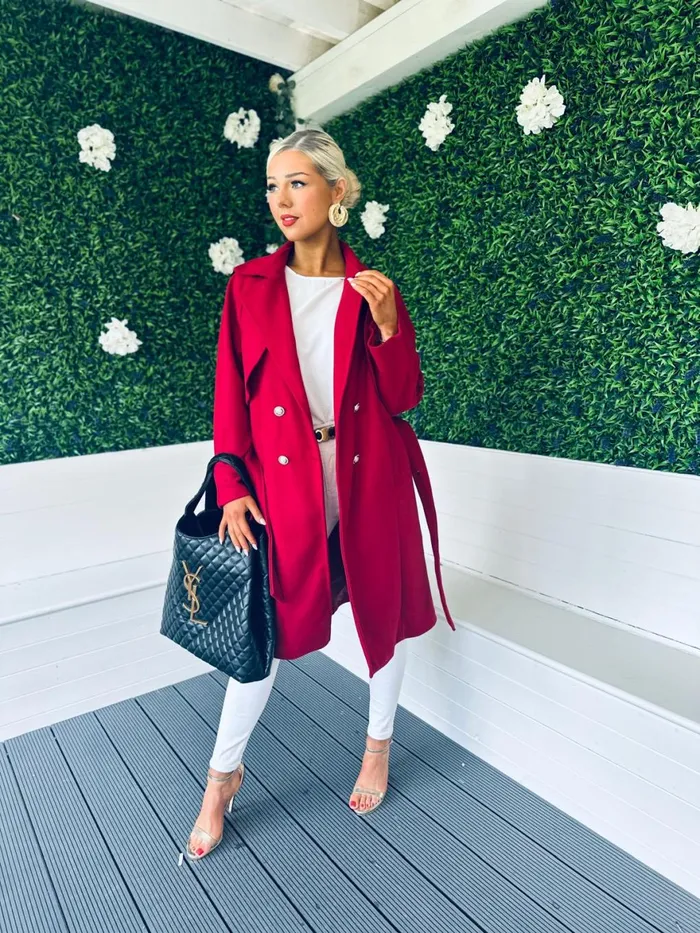 Women Coats and Jackets Canella Lane Patricia Belted Longline Coat Ruby