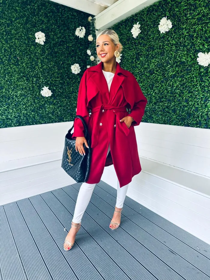 Women Coats and Jackets Canella Lane Patricia Belted Longline Coat Ruby