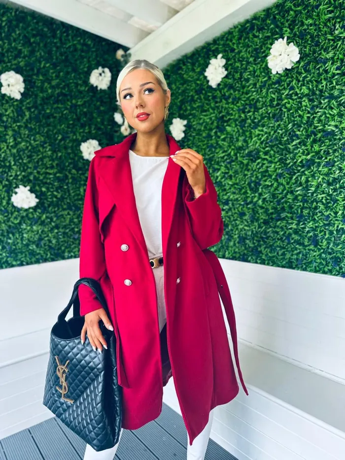 Women Coats and Jackets Canella Lane Patricia Belted Longline Coat Ruby