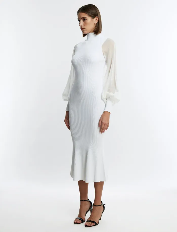 Women Cocktail and Party Dresses BCBG White Florence Balloon Sleeve Dress Gardenia