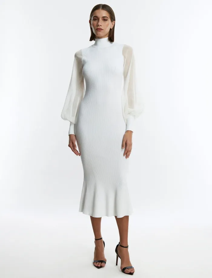 Women Cocktail and Party Dresses BCBG White Florence Balloon Sleeve Dress Gardenia