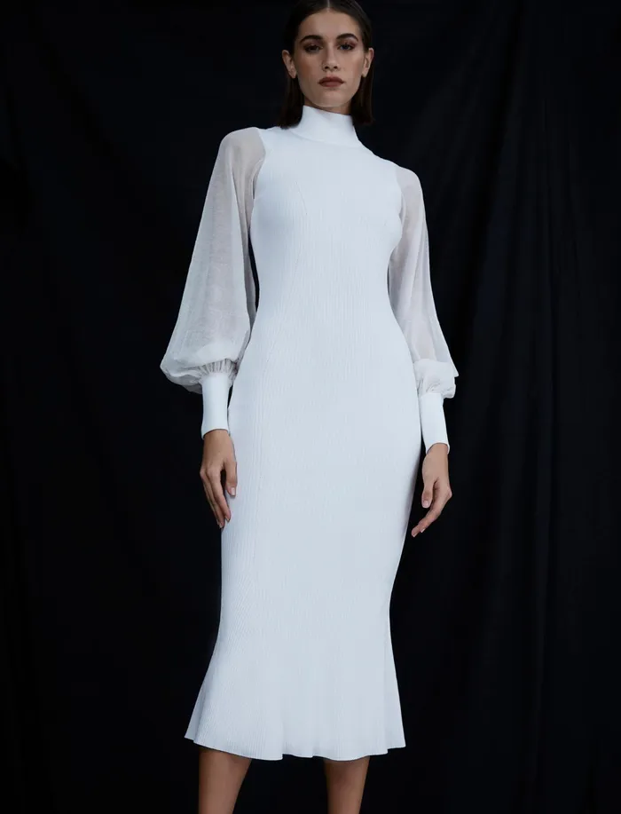 Women Cocktail and Party Dresses BCBG White Florence Balloon Sleeve Dress Gardenia