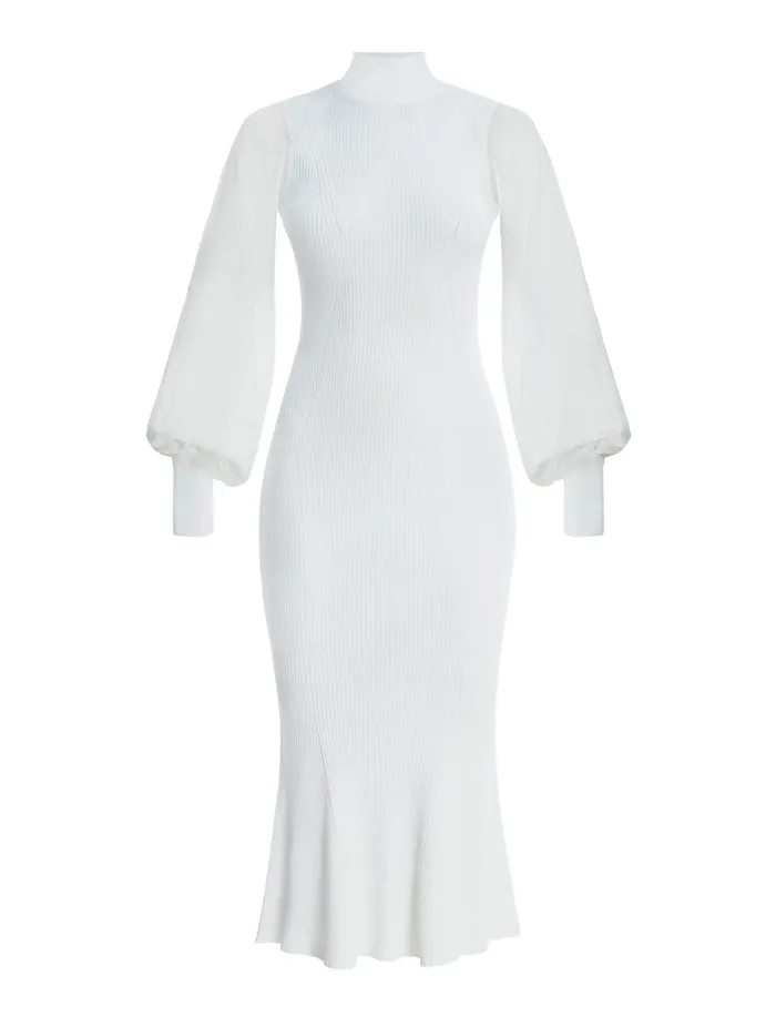Women Cocktail and Party Dresses BCBG White Florence Balloon Sleeve Dress Gardenia