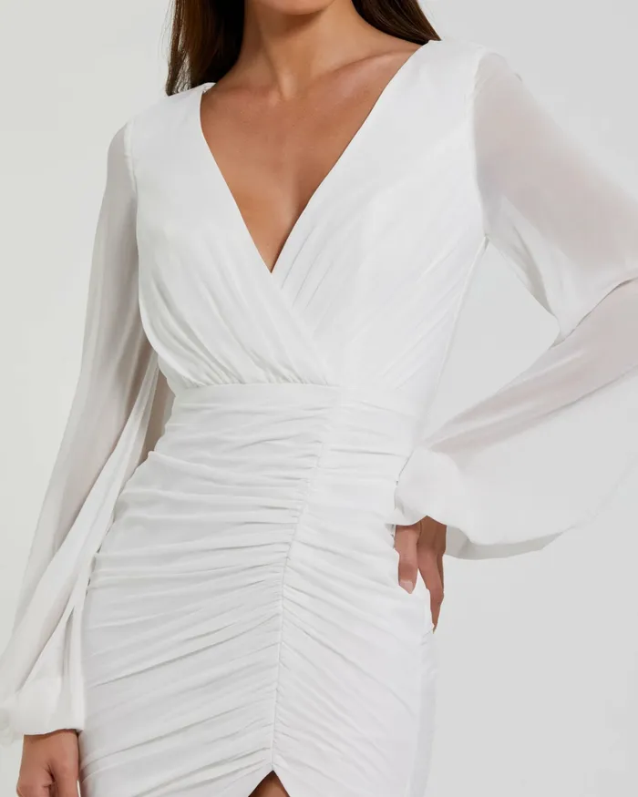 Women Cocktail Dresses Mac Duggal Long Blouson Sleeve Ruched Mini Dress White