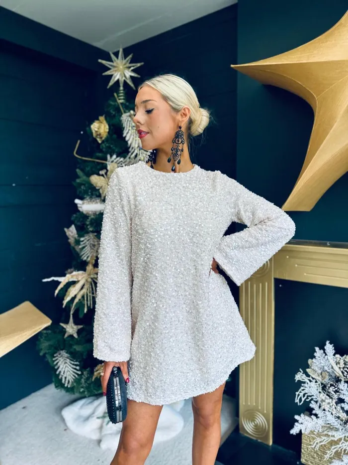 Women Day Dress Canella Lane Avril Bow Detail Sequin Mini Dress Cream