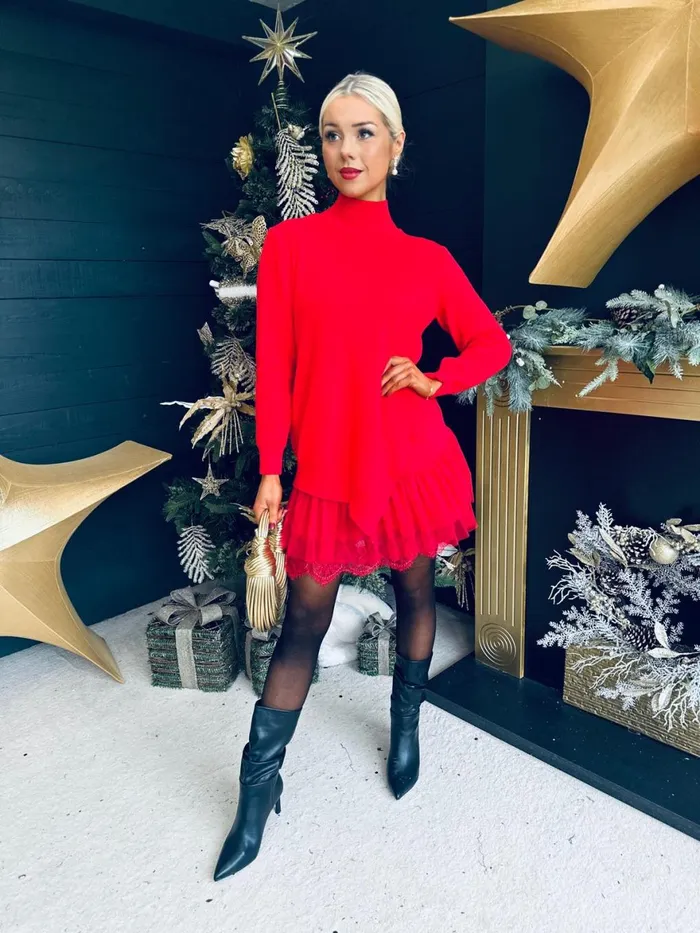 Women Day Dress Canella Lane Gina Knit and Lace Mini Dress Red